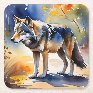 Wolf in einem Aquarellbild Rechteckiger Pappuntersetzer