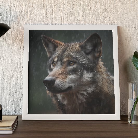Wolf in einer Tierkabine im Regensturm Poster