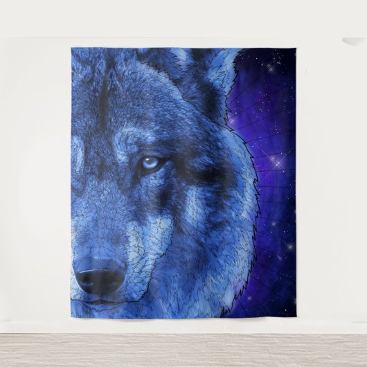Wolf in klarer blauer Nacht Wandteppich (Vorderseite)