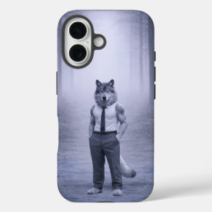 Wolf in minimaler formaler Kleidung – Stiller Wald iPhone 16 Hülle