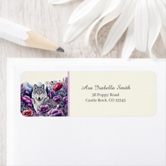 Wolf in Mohn Field Folk Art Rücksendeadresse (Insitu)