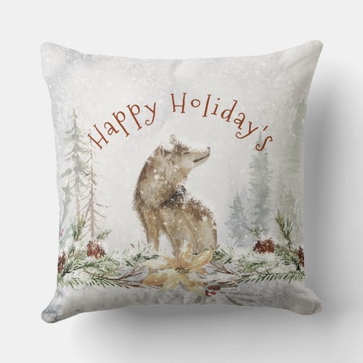 Wolf in schneebedecktem Weihnachtswald & Blume Kissen (Rückseite)