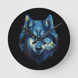 Wolf in sternenklarer Nacht abstrakte Tierwelt Runde Wanduhr