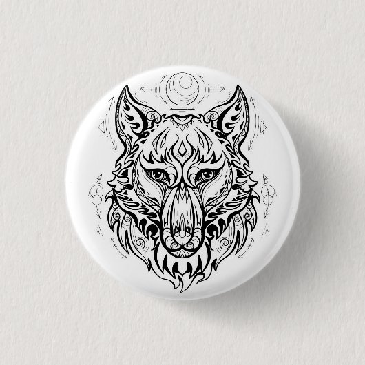 Wolf Kopf mit ethnischen Dekorationen Button (Vorderseite)