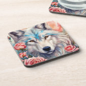 Wolf Kopf rosa Rosen Tiermalerei Getränkeuntersetzer (Linke Seite)