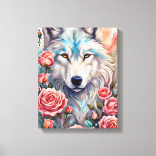 Wolf Kopf rosa Rosen Tiermalerei Leinwanddruck