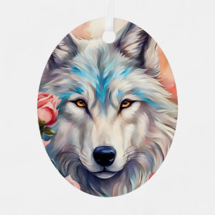 Wolf Kopf rosa Rosen Tiermalerei Ornament Aus Metall