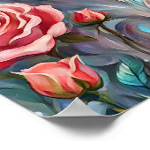 Wolf Kopf rosa Rosen Tiermalerei Poster (Ecke)