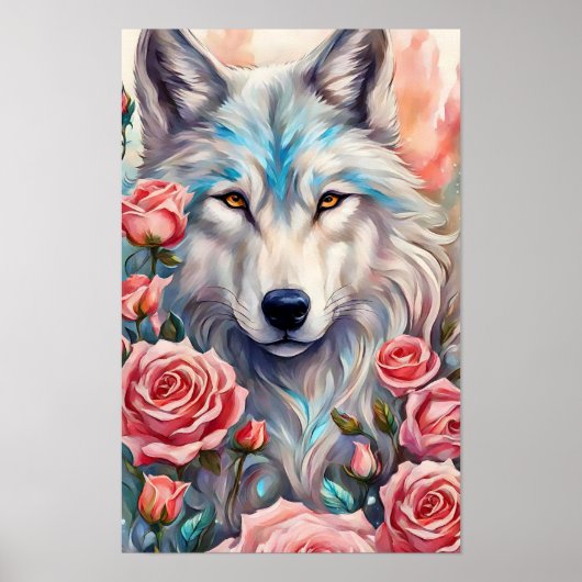Wolf Kopf rosa Rosen Tiermalerei Poster (Vorne)