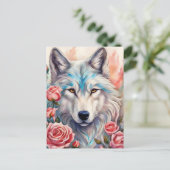 Wolf Kopf rosa Rosen Tiermalerei Postkarte (Stehend Vorderseite)
