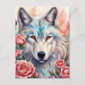 Wolf Kopf rosa Rosen Tiermalerei Postkarte (Vorderseite)