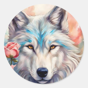 Wolf Kopf rosa Rosen Tiermalerei Runder Aufkleber