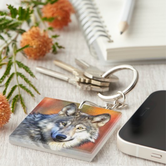 Wolf-Kunstmalerei Schlüsselanhänger (Vorderseite rechts)