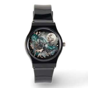 Wolf Landscape & Moon Aquamarin Gold Armbanduhr