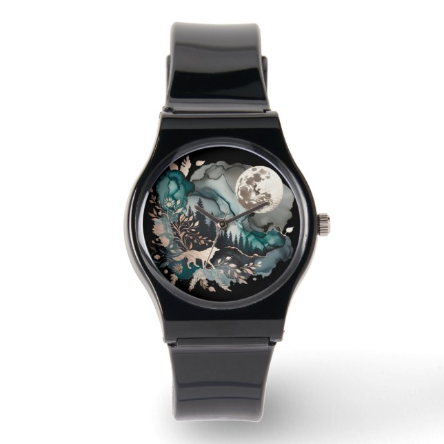 Wolf Landscape & Moon Aquamarin Gold Armbanduhr (Vorderseite)