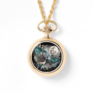 Wolf Landscape & Moon Aquamarin Gold Armbanduhr