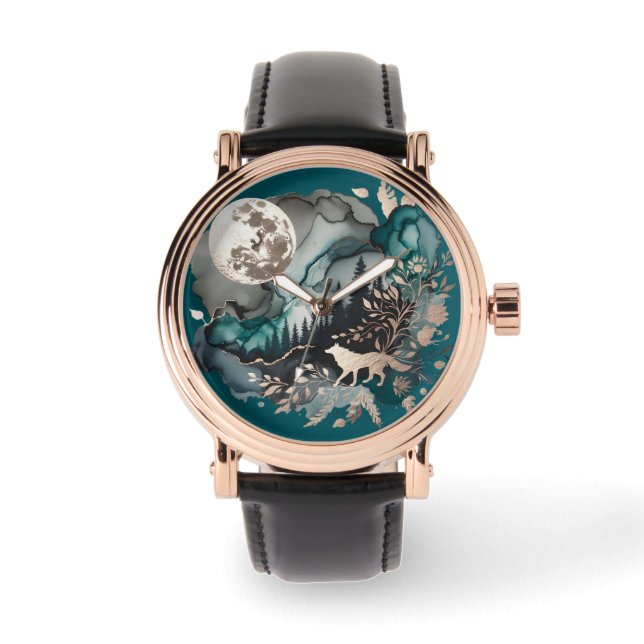 Wolf Landscape & Moon Aquamarin Gold Armbanduhr (Vorderseite)