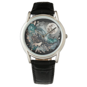 Wolf Landscape & Moon Aquamarin Gold Armbanduhr