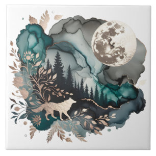 Wolf Landscape & Moon Aquamarin Gold Fliese