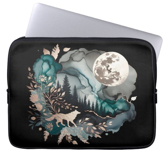 Wolf Landscape & Moon Aquamarin Gold Laptopschutzhülle (Vorderseite)
