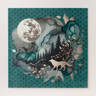 Wolf Landscape & Moon Aquamarin Gold Puzzle