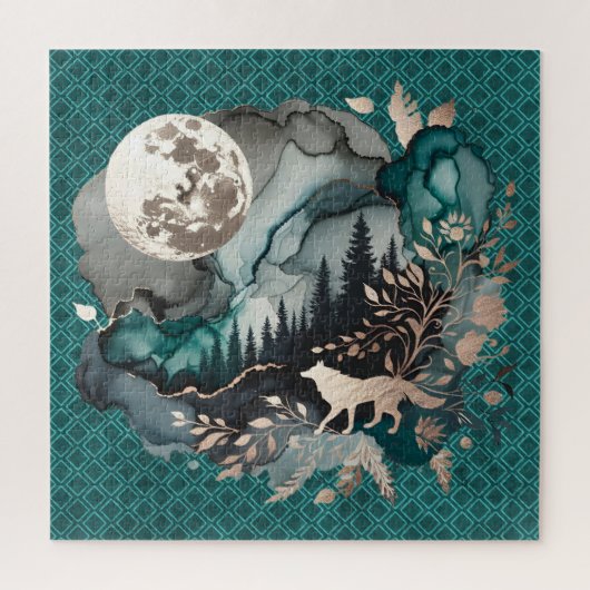 Wolf Landscape & Moon Aquamarin Gold Puzzle (Vertikal)