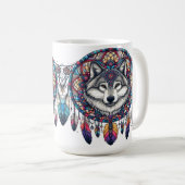 Wolf Mandala Design mit Dreamcatcher und Feathers Kaffeetasse (VorderseiteRechts)
