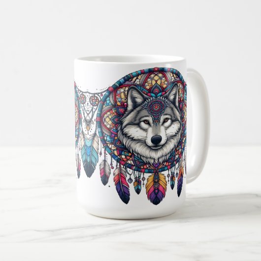 Wolf Mandala Design mit Dreamcatcher und Feathers Kaffeetasse (VorderseiteRechts)
