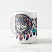 Wolf Mandala Design mit Dreamcatcher und Feathers Kaffeetasse (Vorderseite Links)