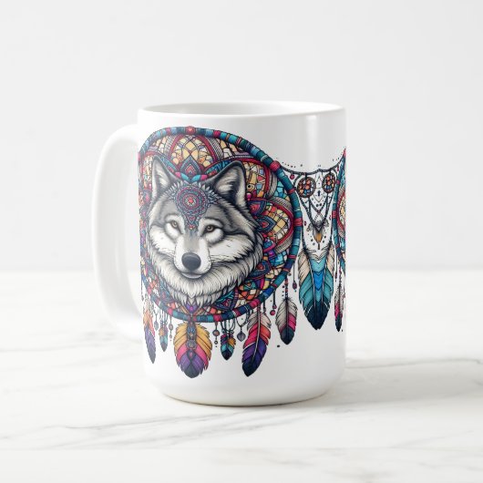 Wolf Mandala Design mit Dreamcatcher und Feathers Kaffeetasse (Vorderseite Links)