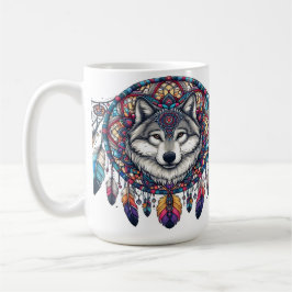 Wolf Mandala Design mit Dreamcatcher und Feathers Kaffeetasse