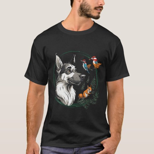 Wolf mit Eichhörnchen und farbenfrohen Vögeln T-Shirt (Vorderseite)