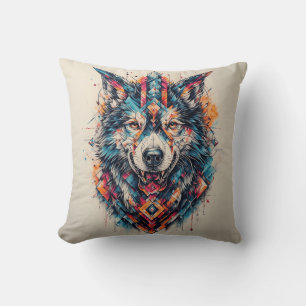 Wolf mit geometrischen Elementen und lebendigen Fa Kissen
