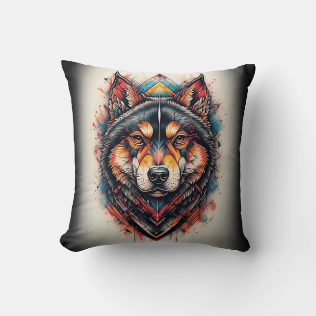 Wolf mit geometrischen Elementen und lebhaften Far Kissen (Vorderseite)