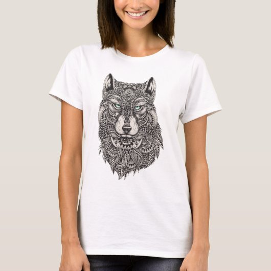 Wolf mit grünen Augen detaillierte Illustration T-Shirt (Vorderseite)
