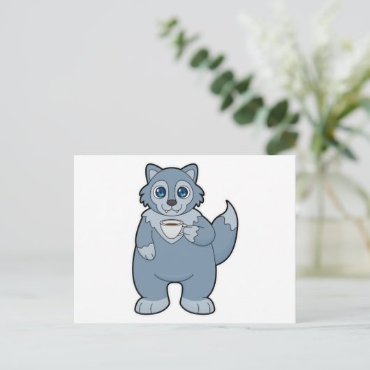 Wolf mit Kaffee-Cup Postkarte (Stehend Vorderseite)
