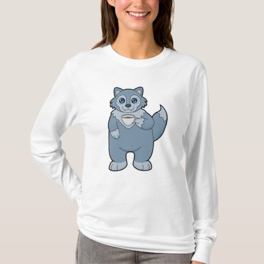 Wolf mit Kaffee-Cup T-Shirt (Vorderseite)