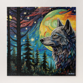 Wolf mit Mond in einem Waldpuzzle für alle Altersg Puzzle