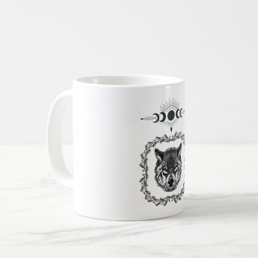 Wolf mit Mondphasen Kaffeetasse (Vorderseite Links)