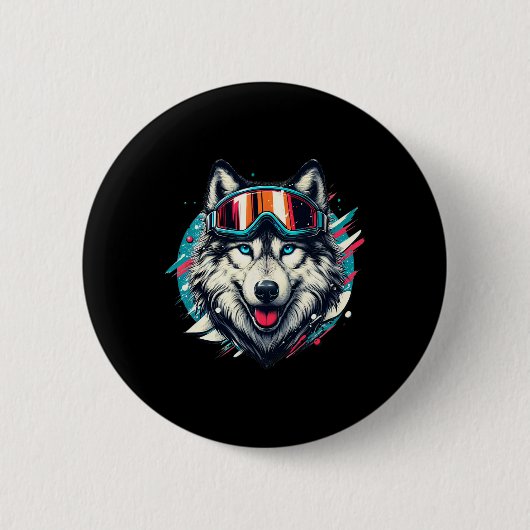 Wolf mit Skischneebrille Wolf Skifahren Liebhaber Button (Vorderseite)