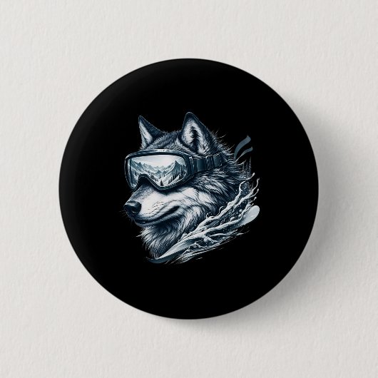 Wolf mit Skischutzbrille Wolf Skifahren Button (Vorderseite)
