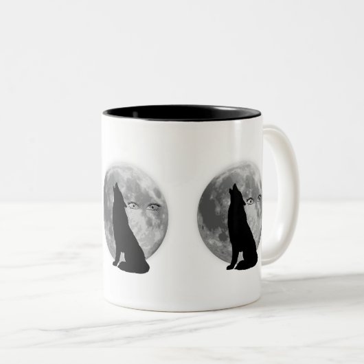 Wolf mit Vollmond Design-Kaffee-Tasse. Zweifarbige Tasse (VorderseiteRechts)