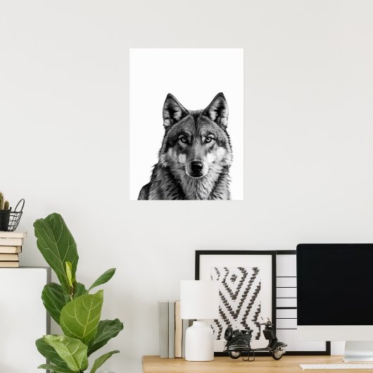 Wolf Modern Portrait Schwarz-weiß Poster (Heimbüro)
