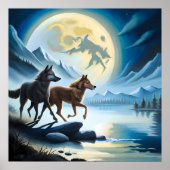 Wolf Mond Fluss dunkler Nachtbergrock Poster (Vorne)