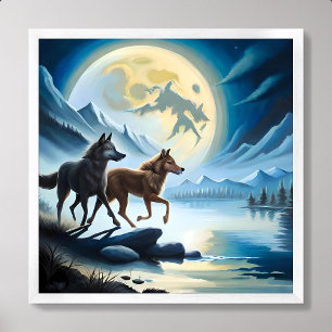 Wolf Mond Fluss dunkler Nachtbergrock Poster