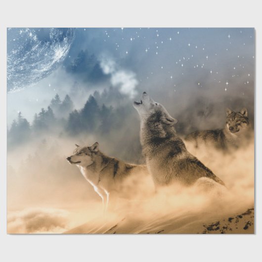 Wolf-Mond-Nebel-Natur-Landschaft Geschenkpapier (Flach)