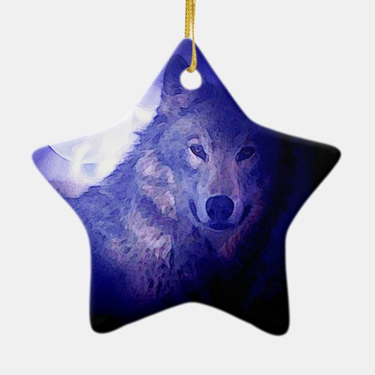 Wolf, Moon & Blue Night Keramikornament (Hinten)