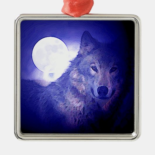 Wolf, Moon & Blue Night Ornament Aus Metall (Vorne)