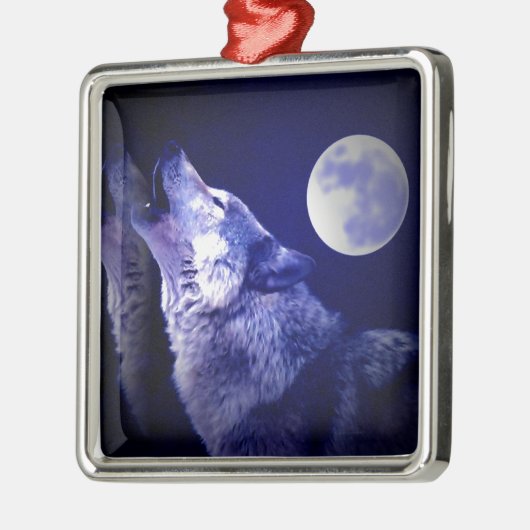 Wolf, Moon & Blue Night Ornaments Ornament Aus Metall (Links)