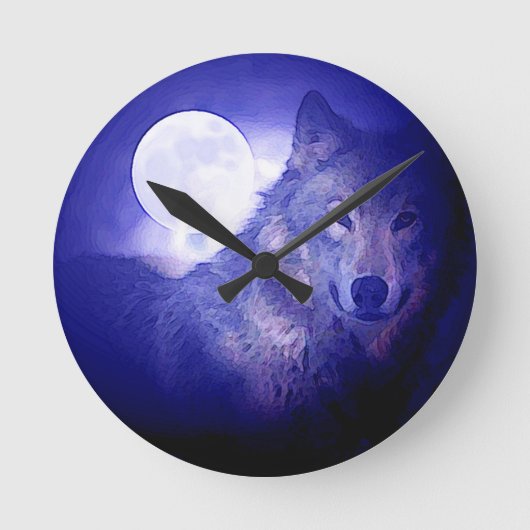 Wolf, Moon & Blue Night Runde Wanduhr (Vorderseite)